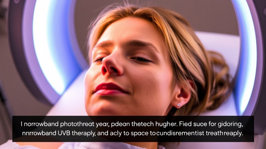 A picture of a person undergoing narrowband-UVB phototherapy, with a caption explaining the treatment process