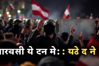 A dramatic image of protesters in Iran, with a blurred background of security forces and a bold headline in Hindi, "इран में विरोध प्रदर्शन: एक बढ़ता हुआ संकट"