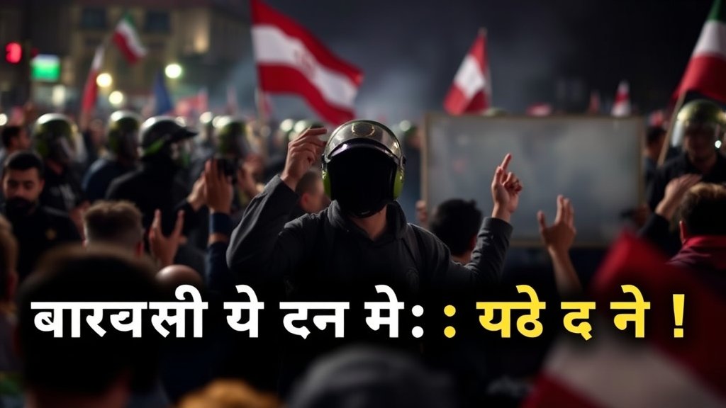 A dramatic image of protesters in Iran, with a blurred background of security forces and a bold headline in Hindi, "इран में विरोध प्रदर्शन: एक बढ़ता हुआ संकट"