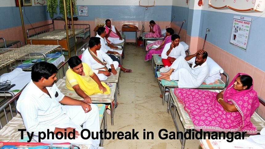 A photo of a hospital ward with patients being treated for typhoid, with a background of a polluted water source and a caption "Typhoid Outbreak in Gandhinagar"