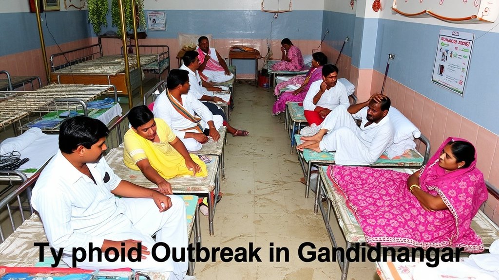 A photo of a hospital ward with patients being treated for typhoid, with a background of a polluted water source and a caption "Typhoid Outbreak in Gandhinagar"