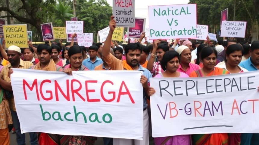 A photo of a protest in Karnataka with people holding signs that read "MGNREGA bachao" and "Repeal VB-G RAM G Act"