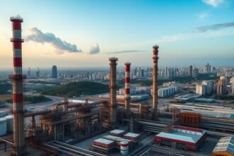 A photo of an oil refinery in Venezuela with a backdrop of a cityscape, highlighting the contrast between the country's rich oil resources and its struggling economy.