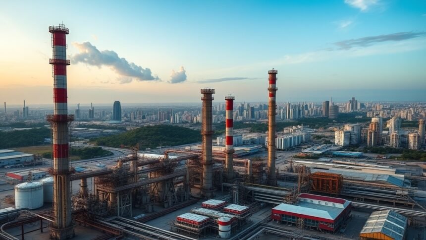 A photo of an oil refinery in Venezuela with a backdrop of a cityscape, highlighting the contrast between the country's rich oil resources and its struggling economy.