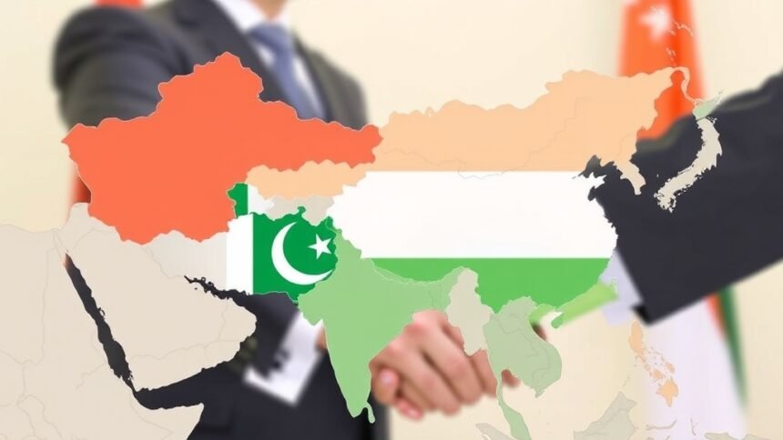 A picture of a map of South Asia with China, Pakistan, and India highlighted, with a background of a handshake or a diplomatic meeting.