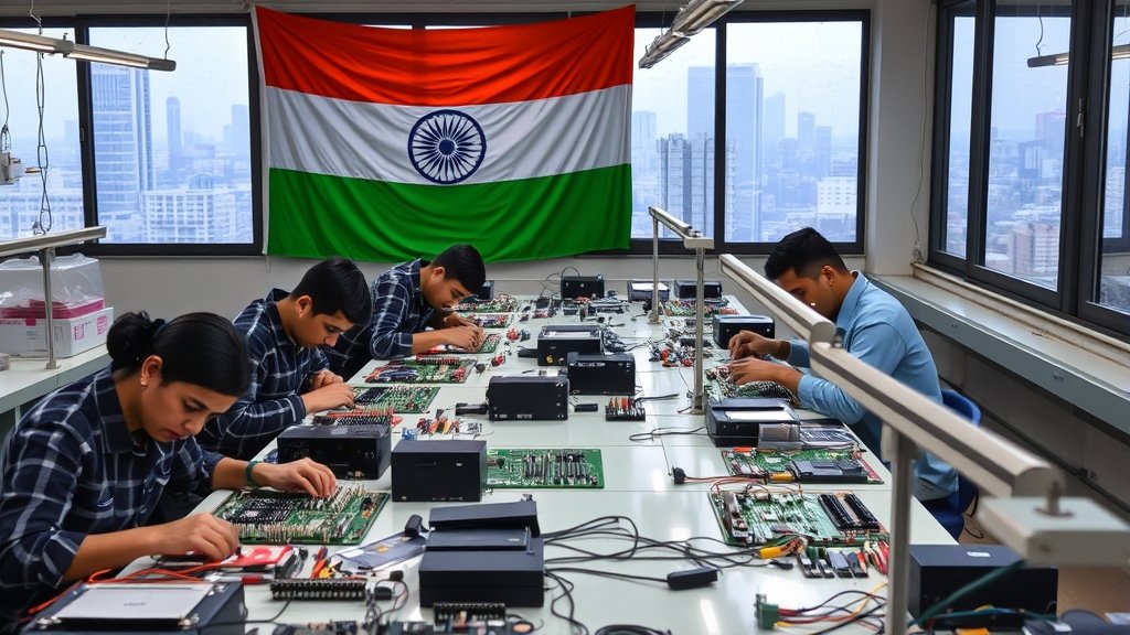 An image of a factory floor with workers assembling electronic components, with a Indian flag in the background and a cityscape visible through the window.