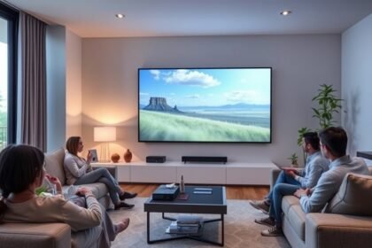 A high-quality image of the Samsung Freestyle portable projector in a modern living room setting, with a large screen display and people gathered around it.