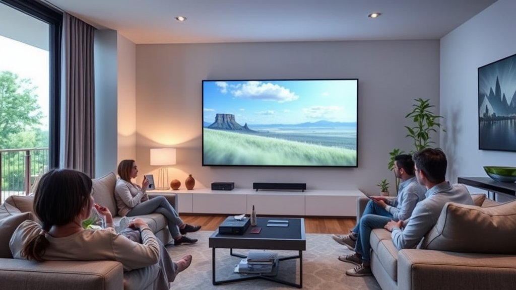 A high-quality image of the Samsung Freestyle portable projector in a modern living room setting, with a large screen display and people gathered around it.