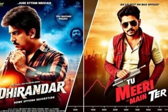 A split-screen image with a poster of the movie Dhurandhar on one side and a poster of the movie Tu Meri Main Tera on the other side, with a graph or chart in the background showing the box office collection of both movies.