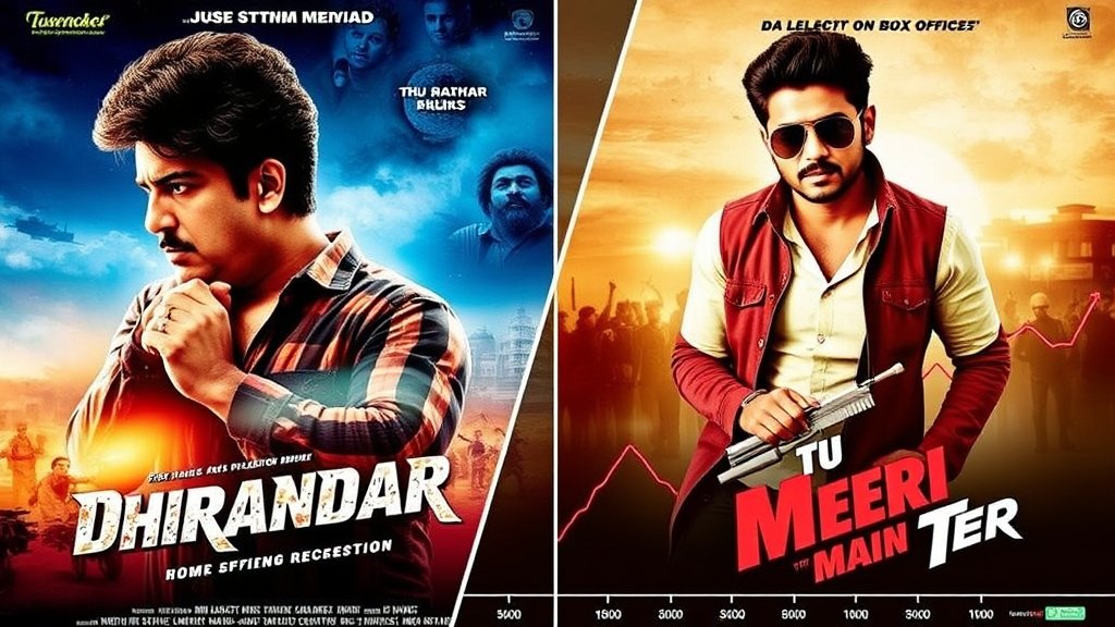 A split-screen image with a poster of the movie Dhurandhar on one side and a poster of the movie Tu Meri Main Tera on the other side, with a graph or chart in the background showing the box office collection of both movies.
