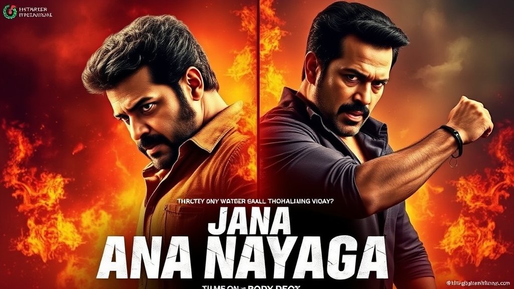 A dramatic poster of Thalapathy Vijay in a massy avatar, with a fiery background and Bobby Deol in a intense pose, for the movie Jana Nayagan.