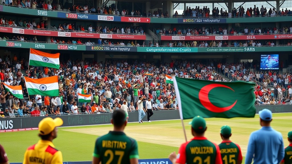 A photo of a cricket stadium with a divided crowd, some fans holding Indian flags and others holding Bangladeshi flags, with a subtle background of news headlines and cricket players in the foreground.