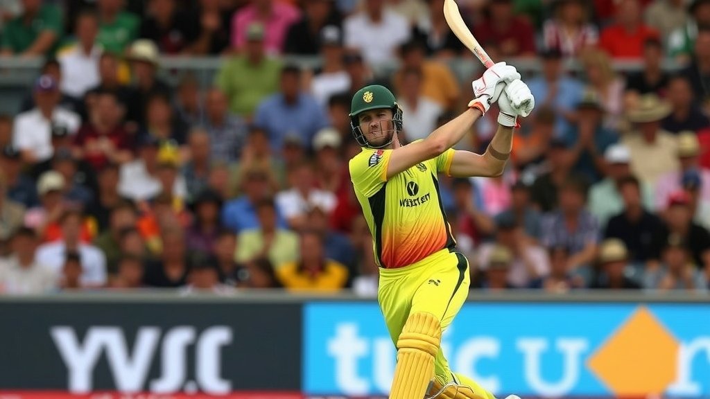 A photo of David Warner in action during a Big Bash League match, with a crowd of spectators in the background and a scoreboard displaying his score.