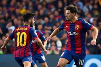 A dramatic photo of the Barcelona and Espanyol players in action during the Catalan derby, with the crowd in the background showing their support and tension.