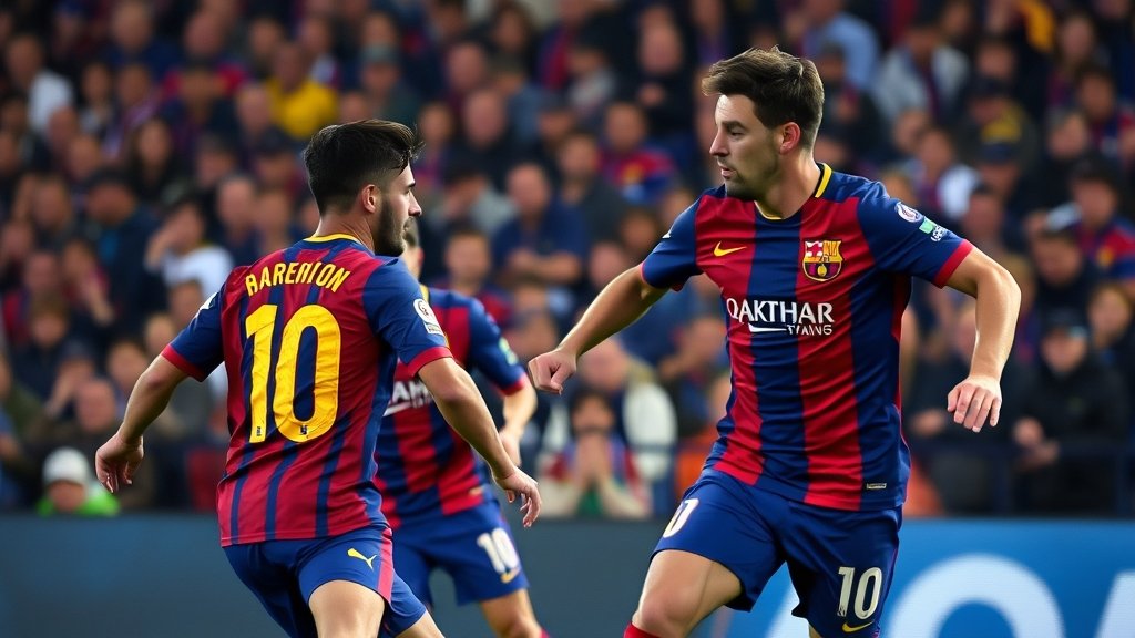 A dramatic photo of the Barcelona and Espanyol players in action during the Catalan derby, with the crowd in the background showing their support and tension.