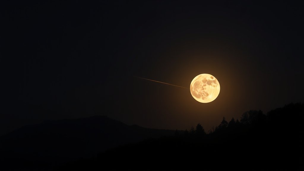 A high-quality image of a full moon in the night sky with a meteor streaking across the horizon, with a subtle landscape of trees and hills in the foreground.
