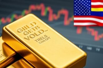 A photo of a gold bar with a graph of gold prices in the background, with a faint image of a Venezuelan flag and a US flag in the corner, symbolizing the geopolitical factors affecting gold prices.