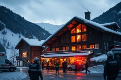 A somber image of a burned-out ski resort bar in the Swiss Alps with police and rescue workers in the foreground, surrounded by snow-covered mountains.