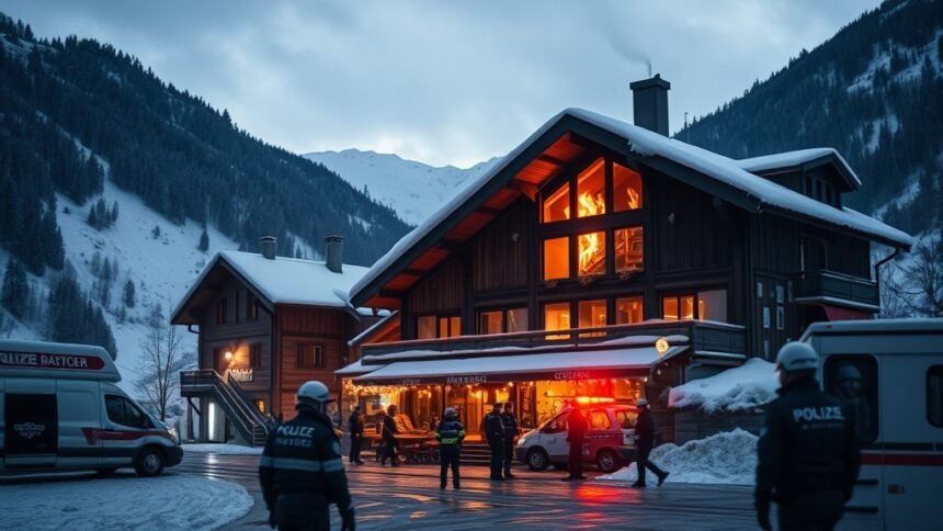 A somber image of a burned-out ski resort bar in the Swiss Alps with police and rescue workers in the foreground, surrounded by snow-covered mountains.