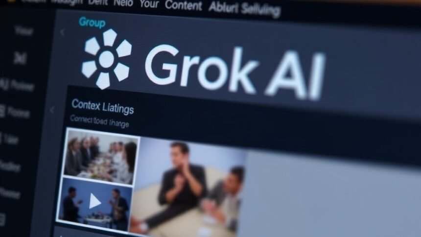 A screenshot of Grok AI's interface with a blurred background, highlighting the AI's logo and a sample edited image, with a subtle hint of a warning or caution symbol in the corner, conveying the controversies surrounding the AI's content moderation issues.
