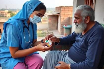 An image of a healthcare worker providing medication to an elderly person at their home, with a background of a Bihar village or town.