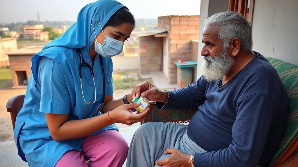 An image of a healthcare worker providing medication to an elderly person at their home, with a background of a Bihar village or town.