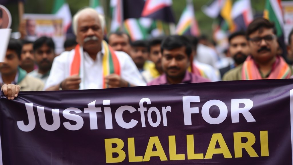 A photo of a protest in Bengaluru with a banner that reads "Justice for Ballari" in the foreground, and a blurred image of a politician in the background.