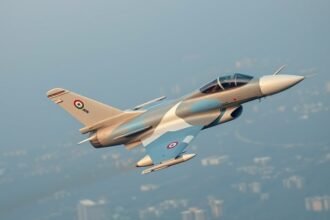 An image of the Tejas aircraft in flight, with a backdrop of the Indian Air Force logo and a subtle hint of the Bengaluru skyline