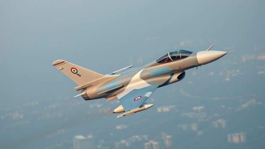 An image of the Tejas aircraft in flight, with a backdrop of the Indian Air Force logo and a subtle hint of the Bengaluru skyline
