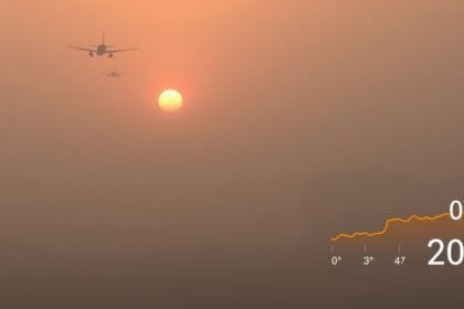 A photo of a foggy morning in Delhi with planes flying in the background, and a temperature graph showing a drop in temperature.