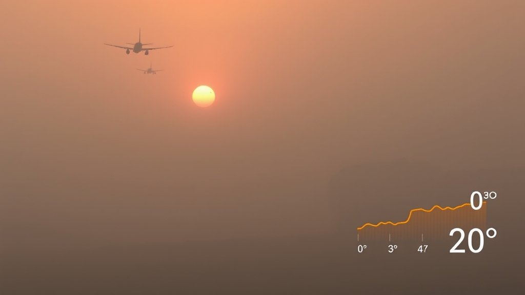 A photo of a foggy morning in Delhi with planes flying in the background, and a temperature graph showing a drop in temperature.