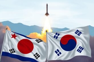 A dramatic illustration of a ballistic missile launch in the background, with a subtle image of the North Korean and South Korean flags in the foreground, symbolizing the escalating tensions between the two nations.