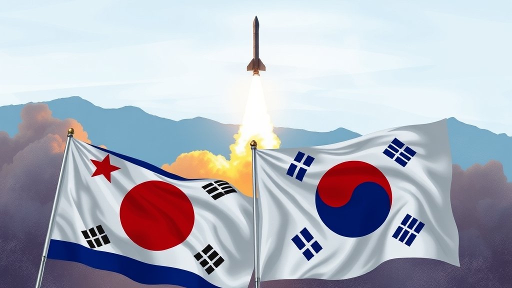 A dramatic illustration of a ballistic missile launch in the background, with a subtle image of the North Korean and South Korean flags in the foreground, symbolizing the escalating tensions between the two nations.