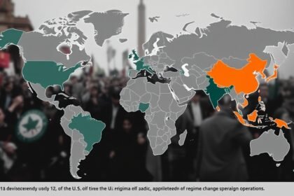 A photo of a world map with countries highlighted where the US has been involved in regime change operations, with a subtle background image of a protest or a city in turmoil.