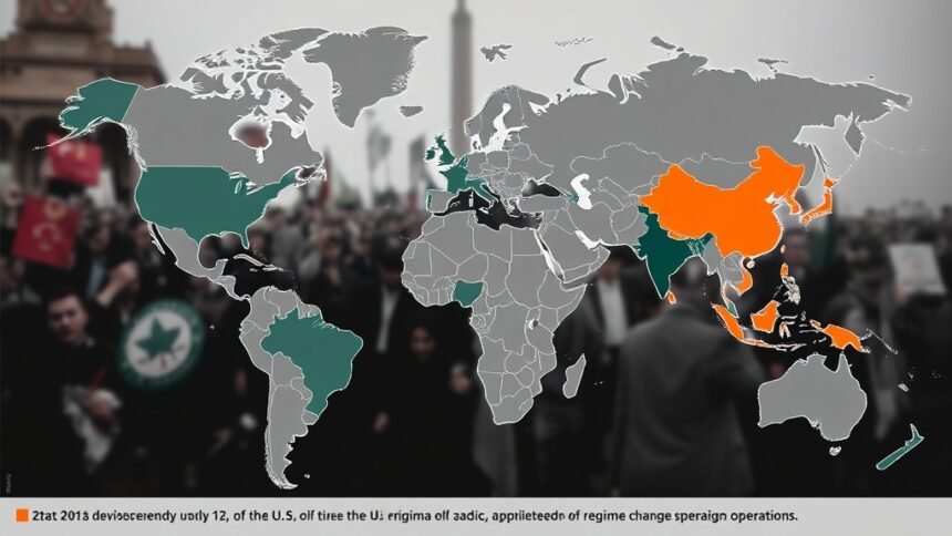 A photo of a world map with countries highlighted where the US has been involved in regime change operations, with a subtle background image of a protest or a city in turmoil.