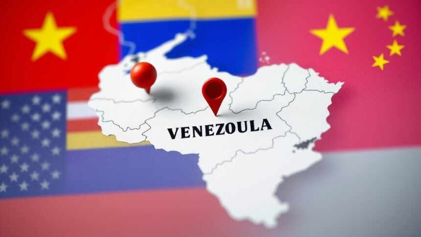 A photo of a map of Venezuela with a red pin marking the capital city Caracas, with a subtle background image of the US, Russian, and Chinese flags.