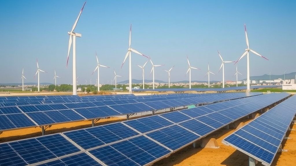 A photo of a solar power plant with wind turbines in the background, with a subtle hint of a cityscape in the distance, conveying the integration of renewable energy into modern life.