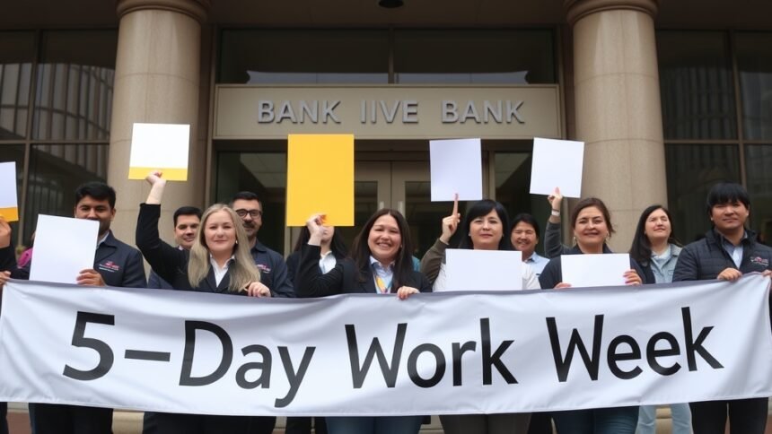 A group of bank employees holding placards and protesting in front of a bank, with a banner reading "5-Day Work Week" in the background.