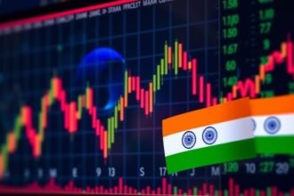 A photo of a stock market graph with Indian flags and currency symbols in the background, symbolizing the Indian stock market.