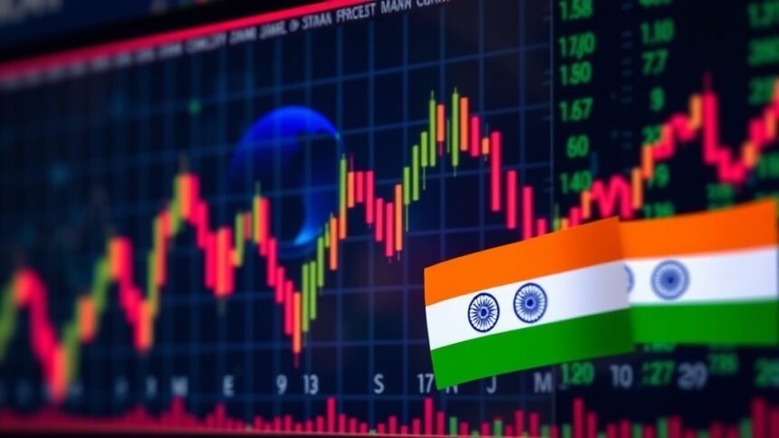 A photo of a stock market graph with Indian flags and currency symbols in the background, symbolizing the Indian stock market.