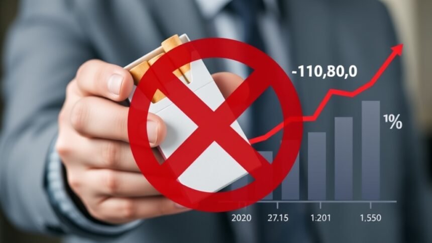 An image of a person holding a pack of cigarettes with a red cross over it, and a graph showing the increase in tax rates in the background.