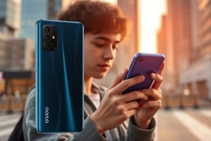 A high-quality image of the Oppo Reno 15 Series 5G smartphone with a cityscape or a young person using the phone in the background, highlighting the device's sleek design and advanced features.