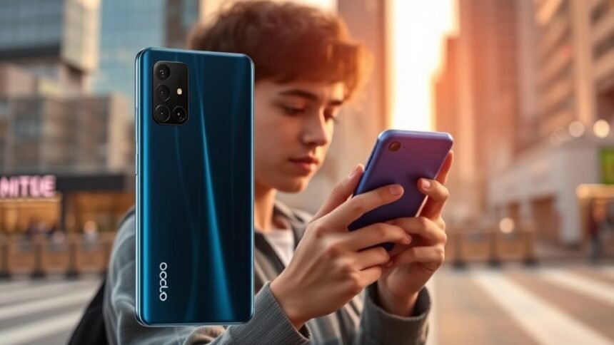 A high-quality image of the Oppo Reno 15 Series 5G smartphone with a cityscape or a young person using the phone in the background, highlighting the device's sleek design and advanced features.