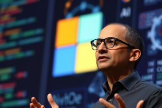 A photo of Microsoft CEO Satya Nadella speaking at a conference with a background of AI-related graphics and coding screens.