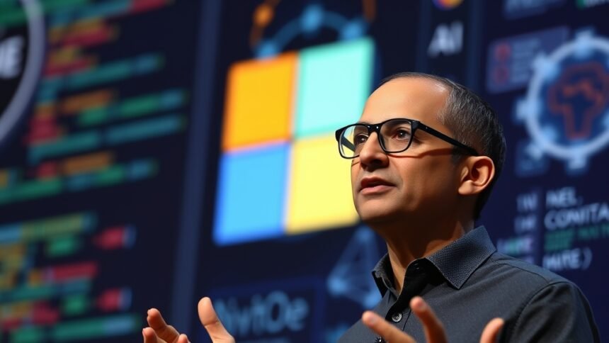 A photo of Microsoft CEO Satya Nadella speaking at a conference with a background of AI-related graphics and coding screens.