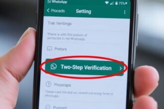 A screenshot of WhatsApp's settings page with a red circle highlighting the "Two-Step Verification" option, on a smartphone with a blurred background of a person holding the phone.