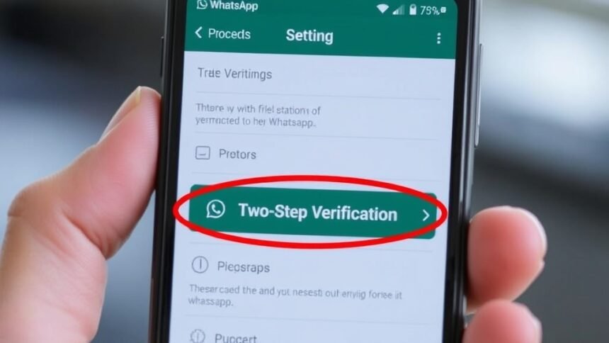A screenshot of WhatsApp's settings page with a red circle highlighting the "Two-Step Verification" option, on a smartphone with a blurred background of a person holding the phone.