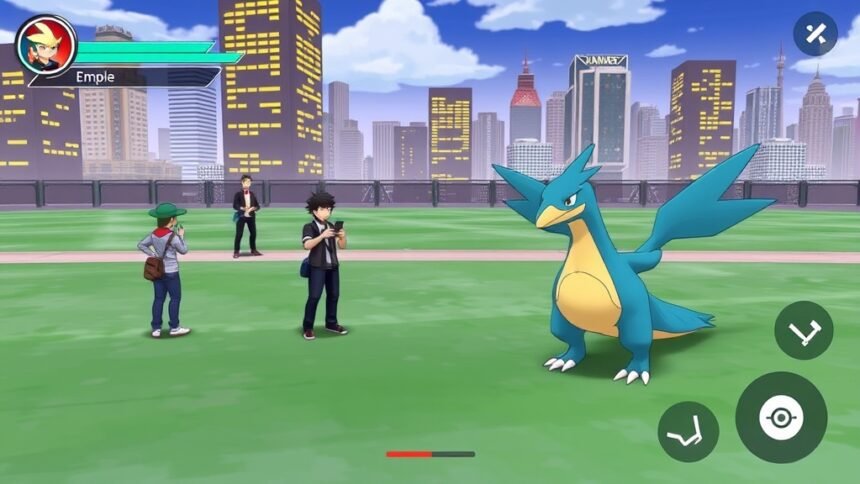 A screenshot of Empoleon in a Pokémon Go battle, with a cityscape in the background and a few players standing around, looking at their phones.