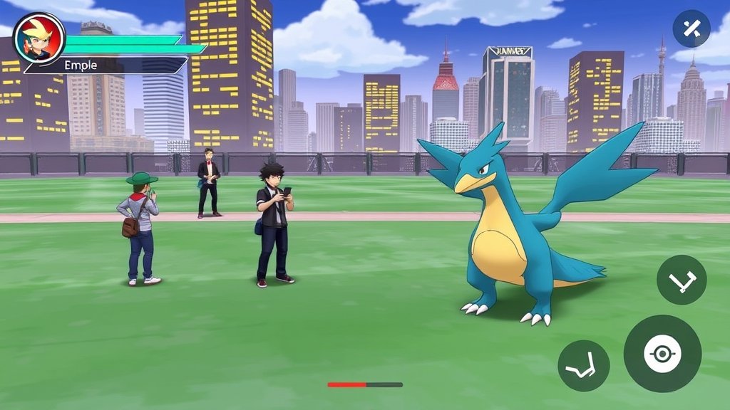 A screenshot of Empoleon in a Pokémon Go battle, with a cityscape in the background and a few players standing around, looking at their phones.