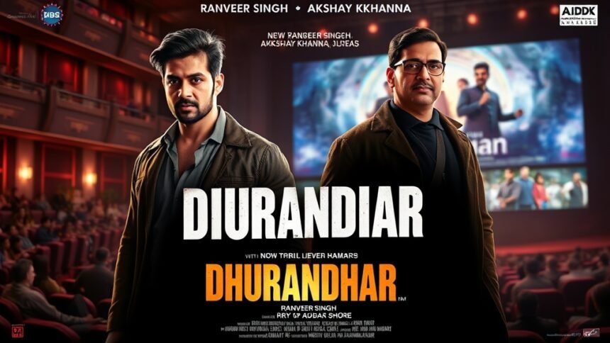 A poster of the movie Dhurandhar with Ranveer Singh and Akshaye Khanna in the lead roles, with a background of a packed cinema hall and a giant screen displaying the movie's title.